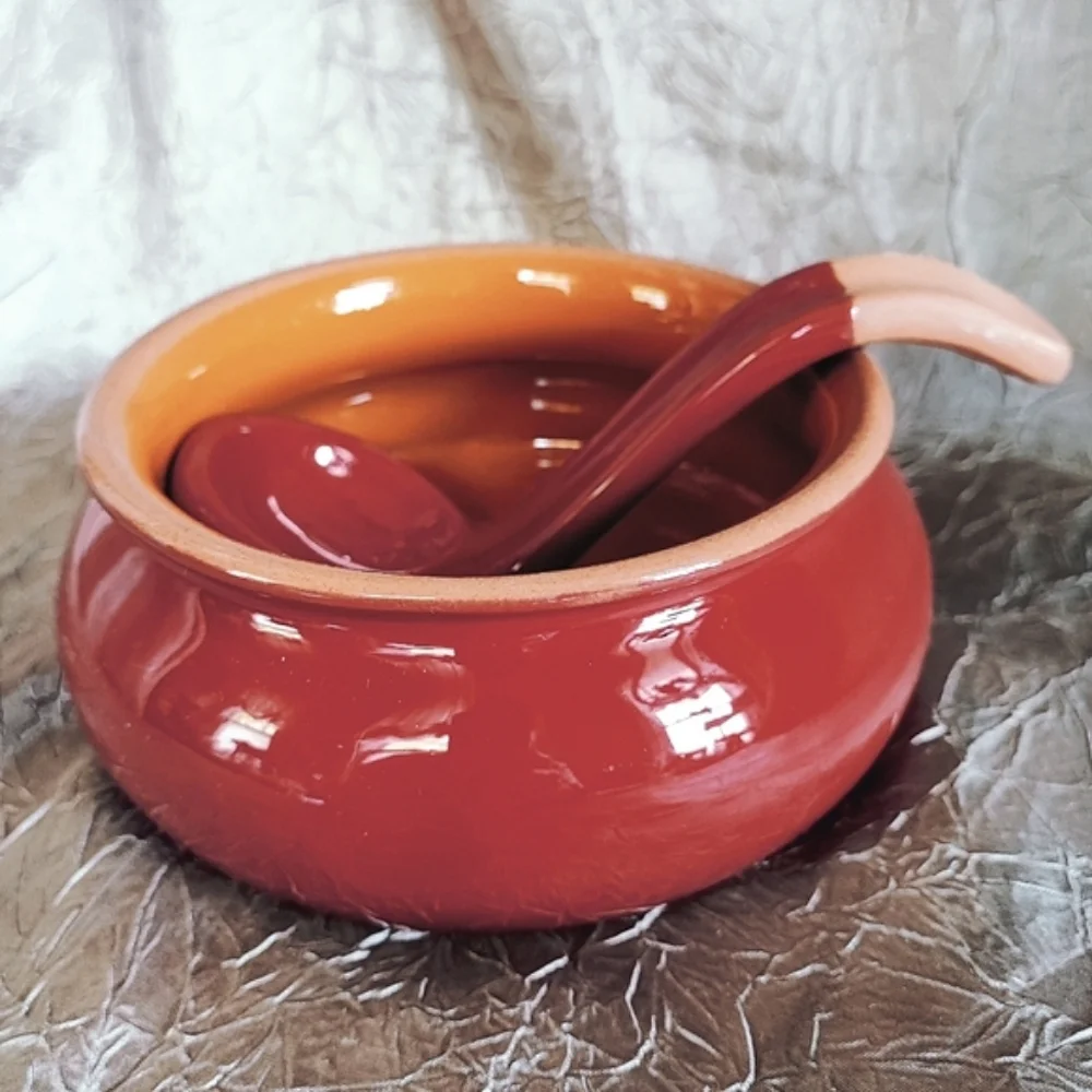 Crate & Barrel Brand Salsa Chili Guacamole Terra Cotta Bowl Ladle 2 Pieces NEW